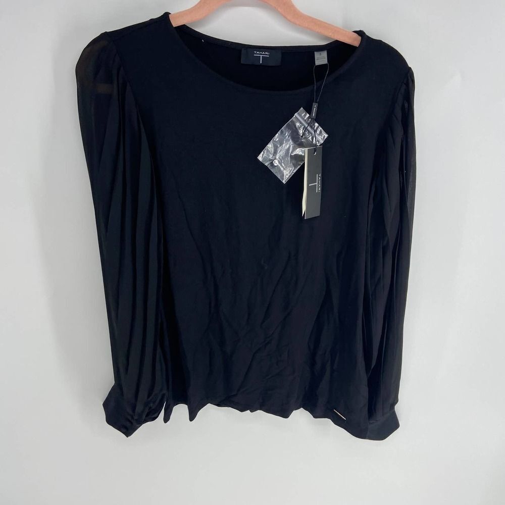 Tahari Black pleated sheer button long sleeve scoop neck blouse Nwt womens small